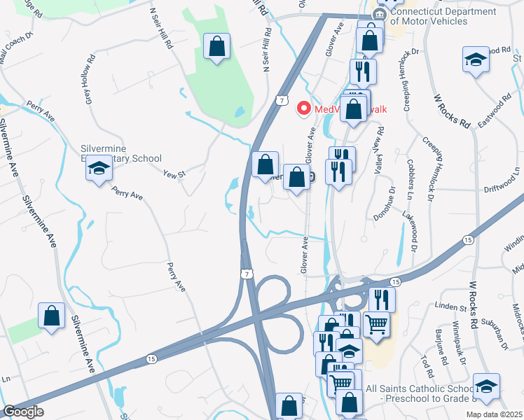 map of restaurants, bars, coffee shops, grocery stores, and more near 7 Seir Hill Road in Norwalk