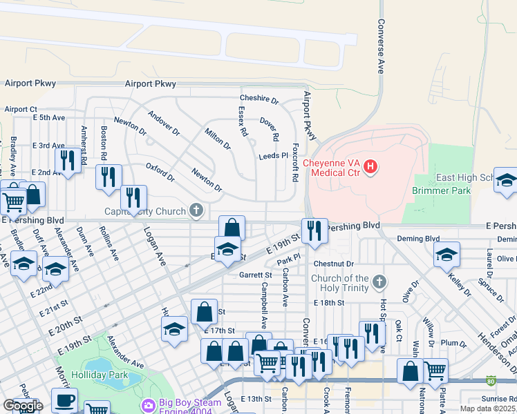 map of restaurants, bars, coffee shops, grocery stores, and more near 1973 Newton Drive in Cheyenne
