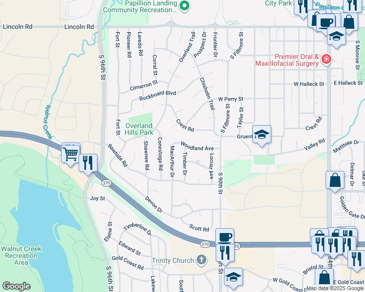 map of restaurants, bars, coffee shops, grocery stores, and more near 1012 Timber Drive in Papillion