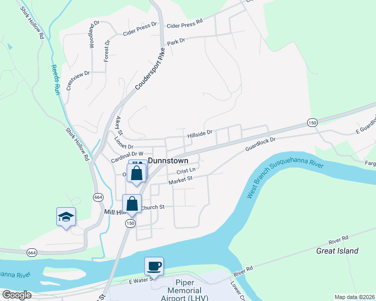 map of restaurants, bars, coffee shops, grocery stores, and more near 216 Woodward Avenue in Lock Haven