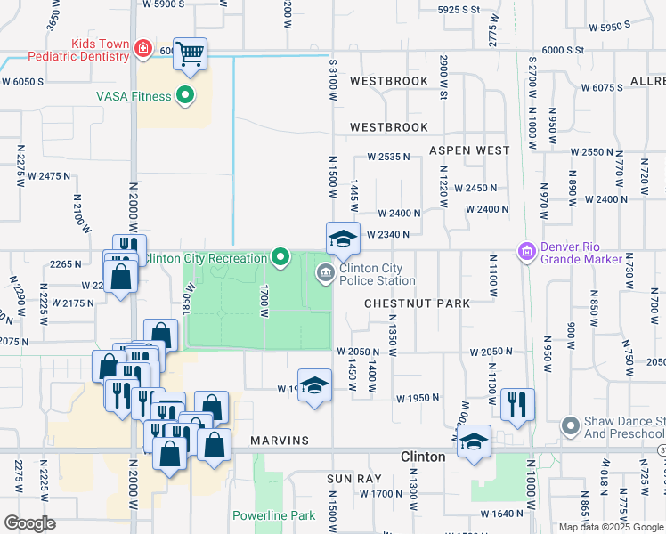 map of restaurants, bars, coffee shops, grocery stores, and more near 2262 North 1500 West in Clinton