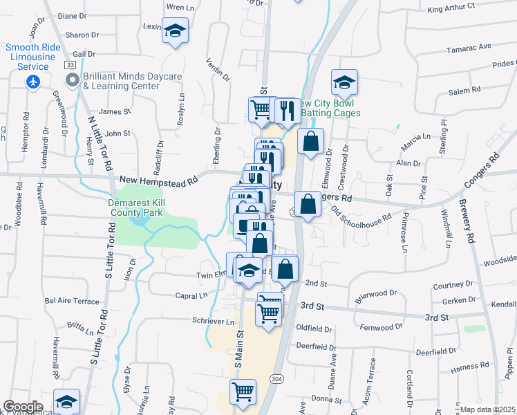 map of restaurants, bars, coffee shops, grocery stores, and more near 22 South Main Street in New City
