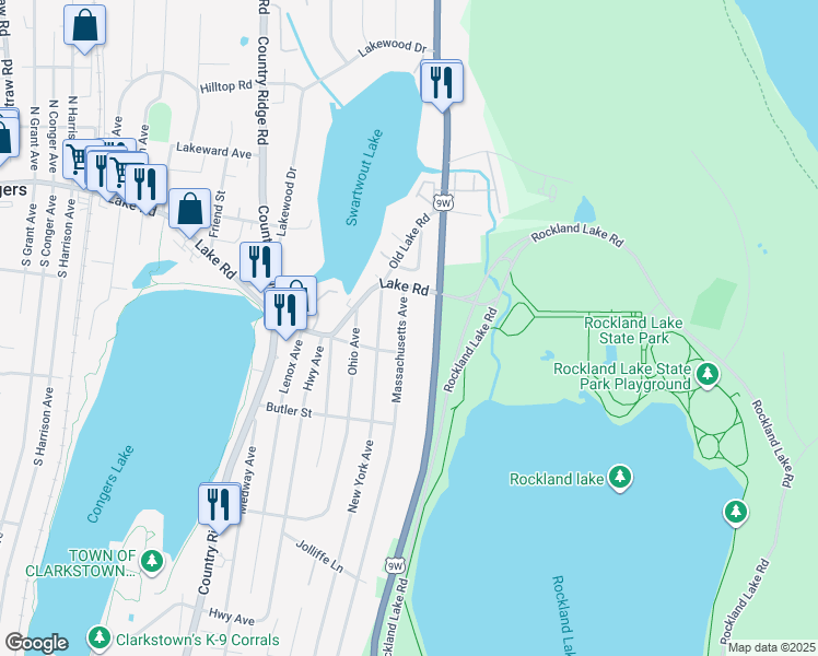map of restaurants, bars, coffee shops, grocery stores, and more near 17 Massachusetts Avenue in Congers