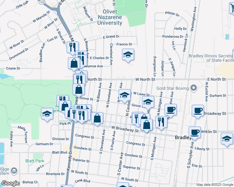 map of restaurants, bars, coffee shops, grocery stores, and more near 383 N Prairie Ave in Bradley