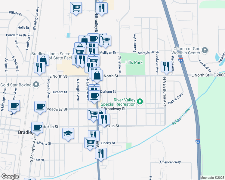 map of restaurants, bars, coffee shops, grocery stores, and more near 1017 Durham Street in Bradley