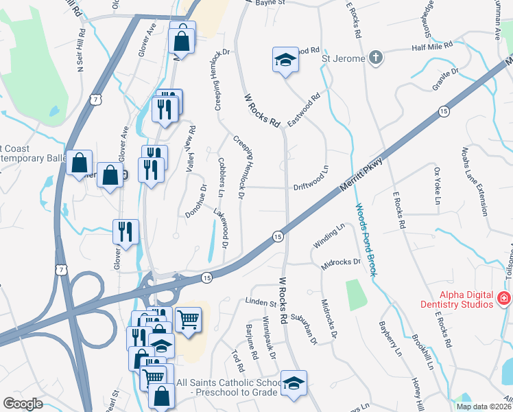 map of restaurants, bars, coffee shops, grocery stores, and more near 54 Creeping Hemlock Drive in Norwalk