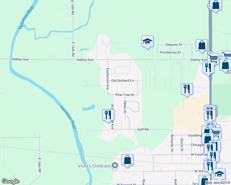 map of restaurants, bars, coffee shops, grocery stores, and more near 608 Pine Tree Drive in Streator