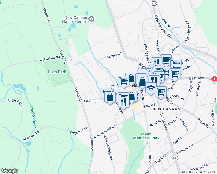 map of restaurants, bars, coffee shops, grocery stores, and more near 103 Seminary Street in New Canaan