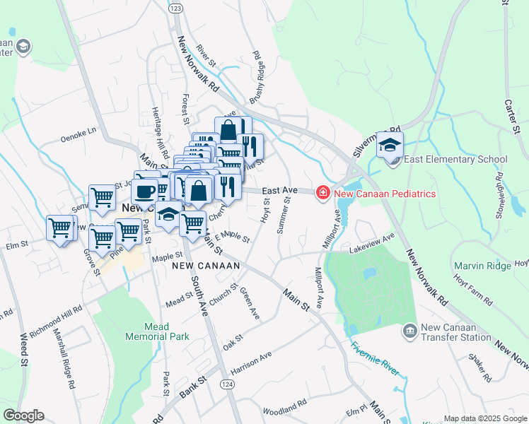 map of restaurants, bars, coffee shops, grocery stores, and more near 72 Hoyt Street in New Canaan