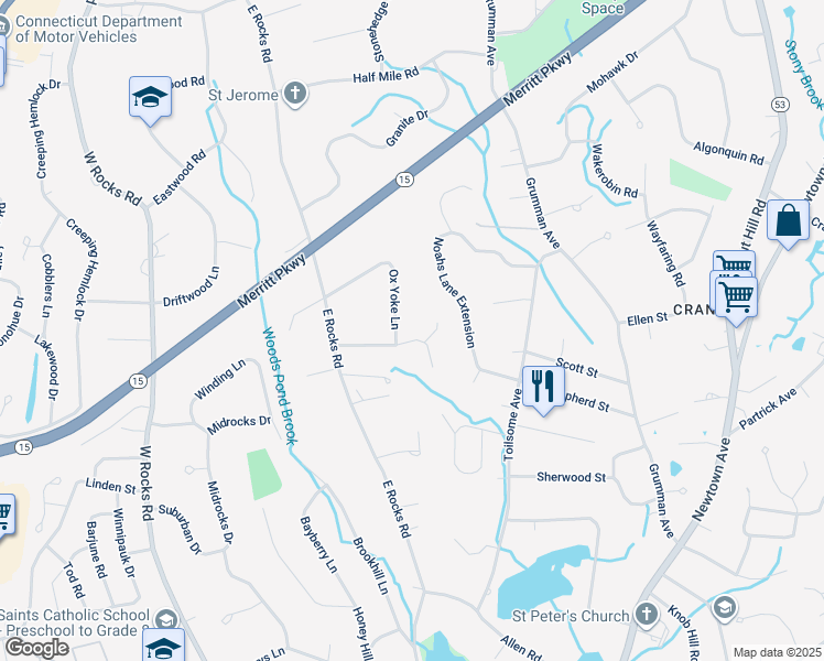 map of restaurants, bars, coffee shops, grocery stores, and more near 8 Cricklewood Lane in Norwalk