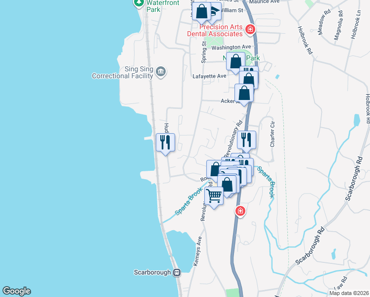 map of restaurants, bars, coffee shops, grocery stores, and more near 91 Hudson Point Lane in Ossining