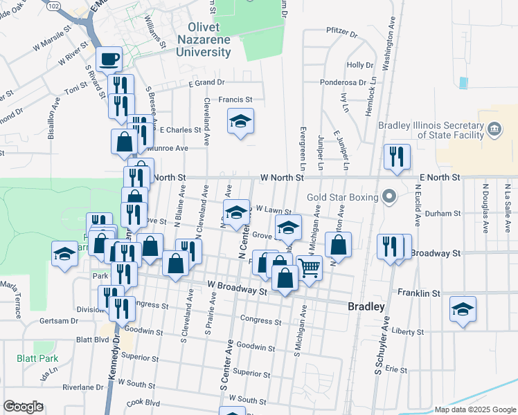 map of restaurants, bars, coffee shops, grocery stores, and more near 600 West Lawn Street in Bradley