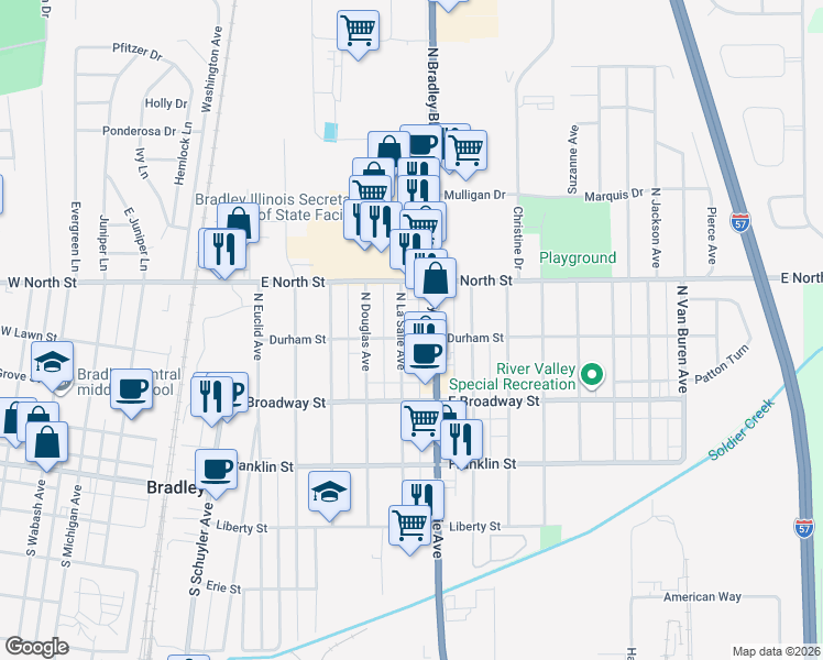 map of restaurants, bars, coffee shops, grocery stores, and more near 224 North La Salle Avenue in Bradley