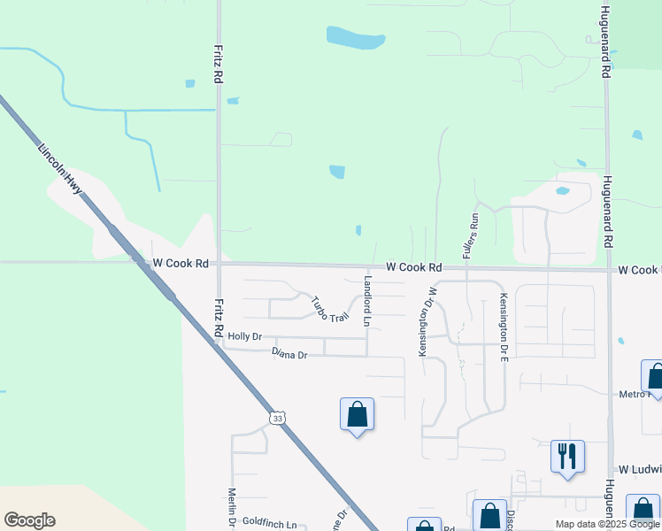 map of restaurants, bars, coffee shops, grocery stores, and more near 5165 West Cook Road in Fort Wayne