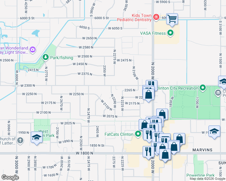 map of restaurants, bars, coffee shops, grocery stores, and more near 2266 North 2290 West in Clinton
