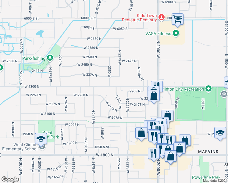 map of restaurants, bars, coffee shops, grocery stores, and more near 2263 North 2290 West in Clinton