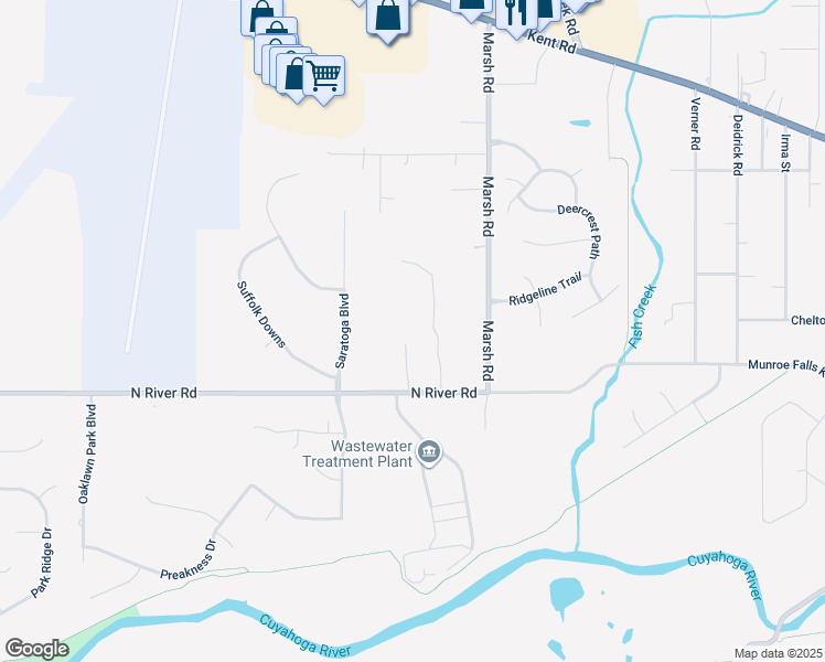 map of restaurants, bars, coffee shops, grocery stores, and more near 2849 North River Road in Stow
