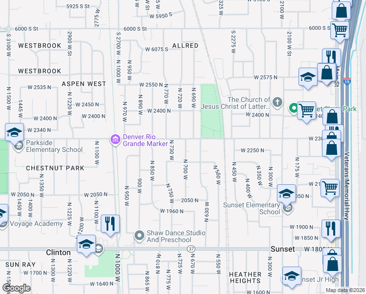 map of restaurants, bars, coffee shops, grocery stores, and more near 2257 North 700 West in Clinton