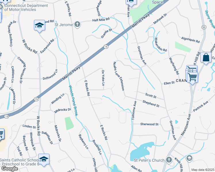 map of restaurants, bars, coffee shops, grocery stores, and more near 8 Cricklewood Lane in Norwalk