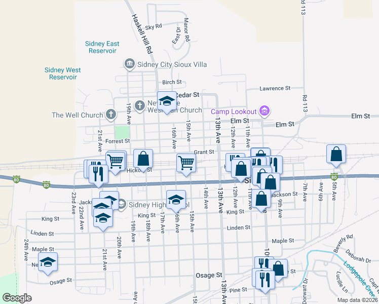 map of restaurants, bars, coffee shops, grocery stores, and more near 1500 Grant Street in Sidney
