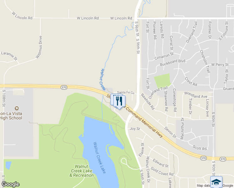 map of restaurants, bars, coffee shops, grocery stores, and more near 1407 Santa Fe Circle in Papillion