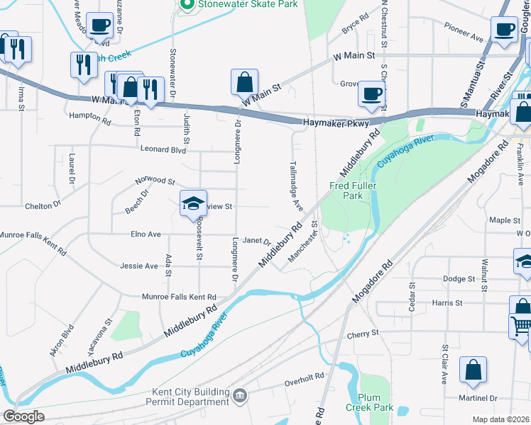 map of restaurants, bars, coffee shops, grocery stores, and more near 972 Gardenview Street in Kent