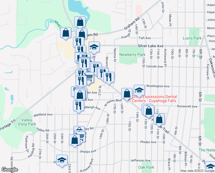 map of restaurants, bars, coffee shops, grocery stores, and more near 1754 Portage Trail in Cuyahoga Falls