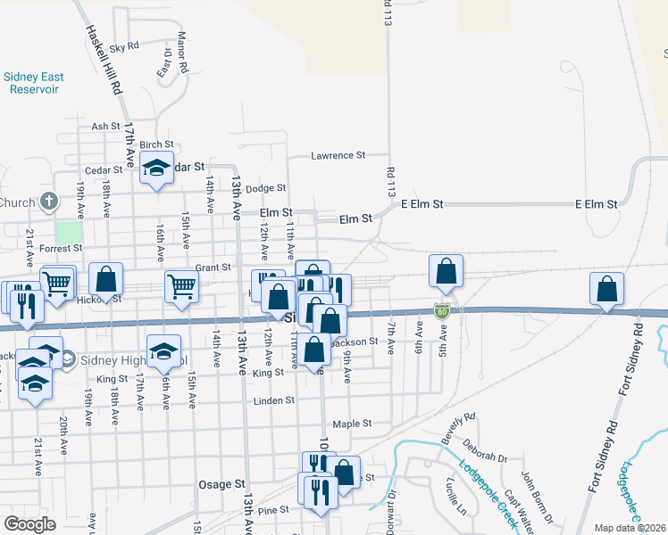 map of restaurants, bars, coffee shops, grocery stores, and more near in Sidney