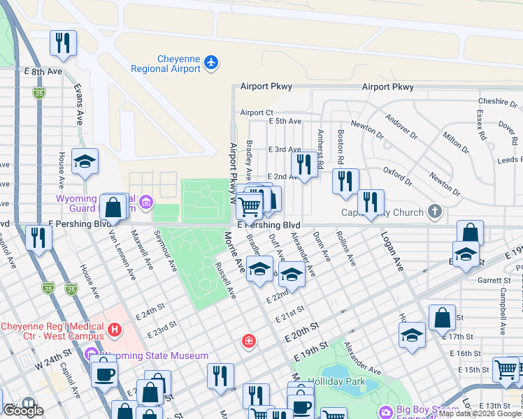 map of restaurants, bars, coffee shops, grocery stores, and more near 3318 Duff Avenue in Cheyenne