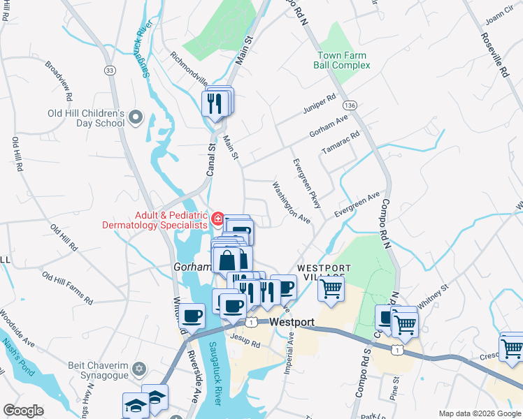 map of restaurants, bars, coffee shops, grocery stores, and more near 1 Saint Johns Place in Westport