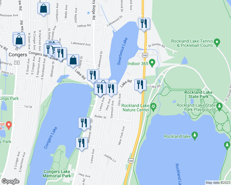 map of restaurants, bars, coffee shops, grocery stores, and more near 114 Lake Road in Congers