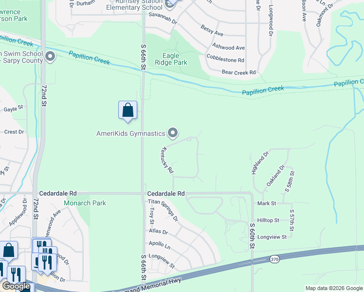 map of restaurants, bars, coffee shops, grocery stores, and more near 11219 Kentucky Road in Papillion
