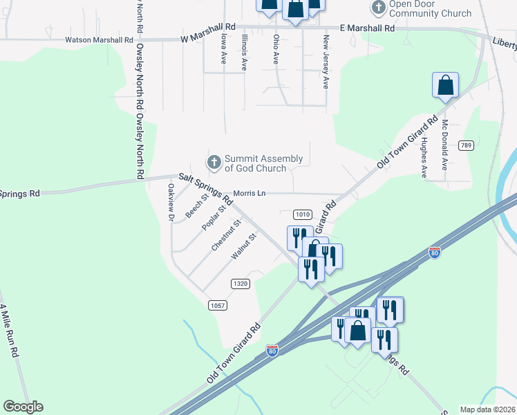 map of restaurants, bars, coffee shops, grocery stores, and more near 2606 Morris Lane in Girard