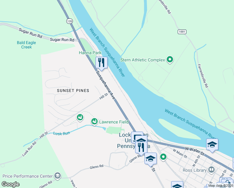 map of restaurants, bars, coffee shops, grocery stores, and more near 172 Susquehanna Ave in Lock Haven