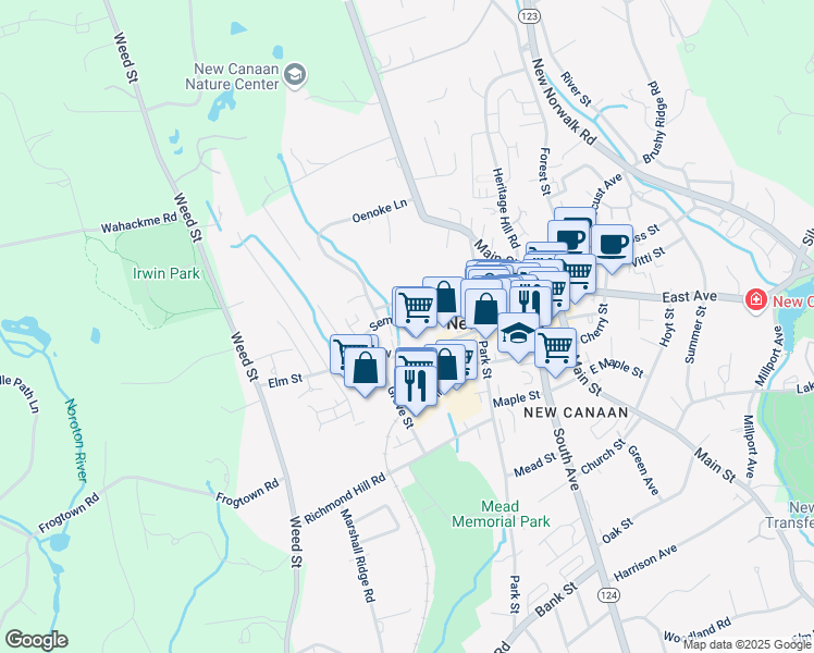 map of restaurants, bars, coffee shops, grocery stores, and more near 66 Seminary Street in New Canaan