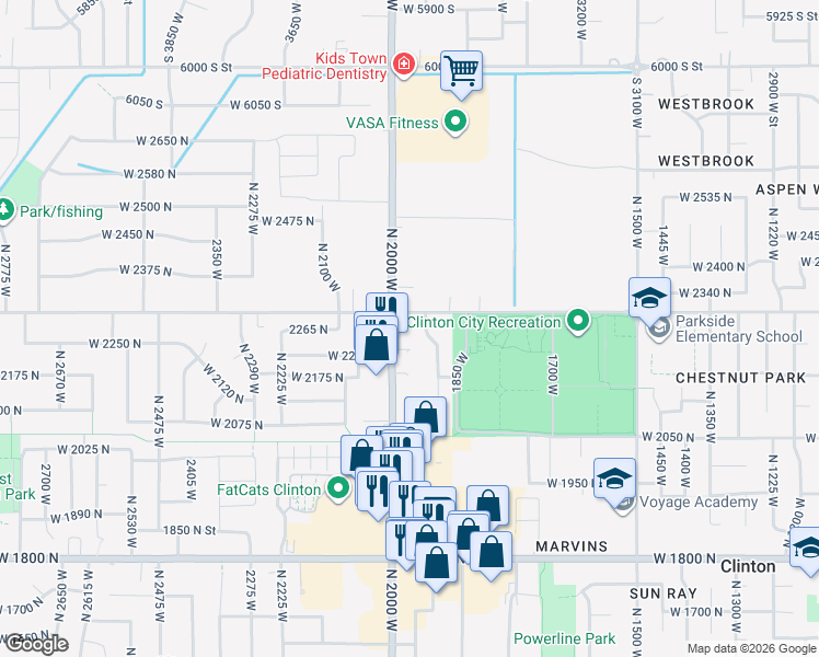 map of restaurants, bars, coffee shops, grocery stores, and more near 2282 2000 North in Clinton