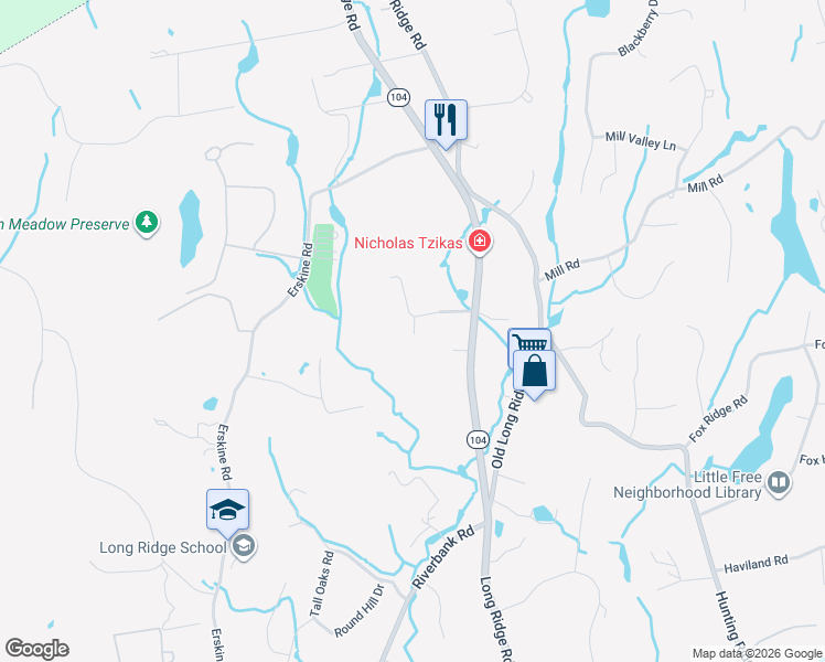 map of restaurants, bars, coffee shops, grocery stores, and more near 41 Old Wagon Road in Stamford