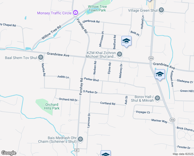 map of restaurants, bars, coffee shops, grocery stores, and more near 102 Norben Road in Monsey