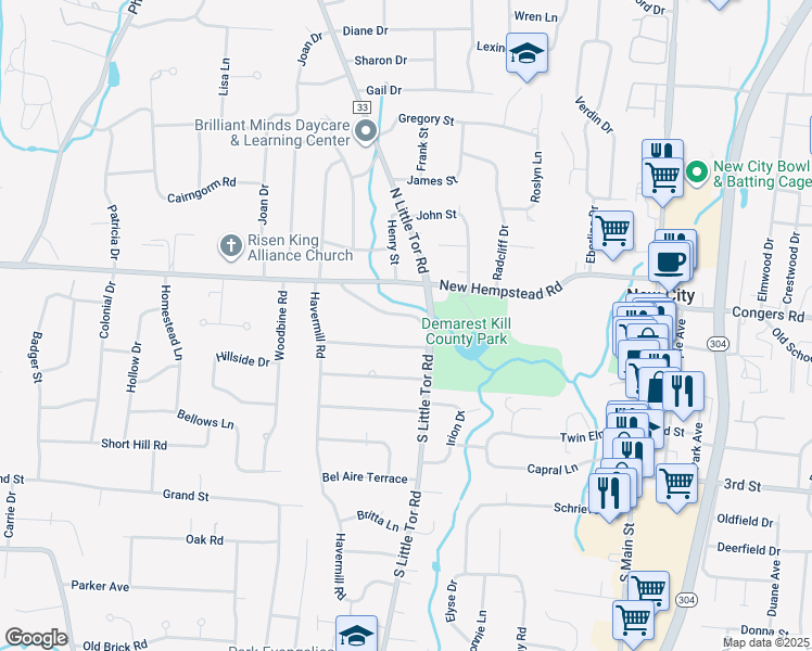 map of restaurants, bars, coffee shops, grocery stores, and more near 7 Old Hempstead Road in New City