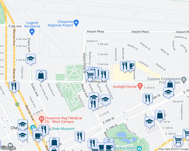 map of restaurants, bars, coffee shops, grocery stores, and more near 1028 East Pershing Boulevard in Cheyenne
