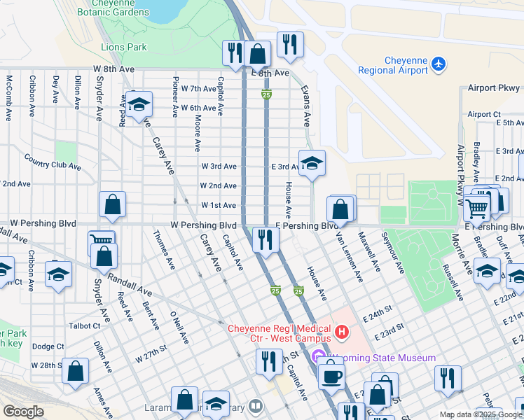 map of restaurants, bars, coffee shops, grocery stores, and more near 3300-3398 Warren Avenue in Cheyenne