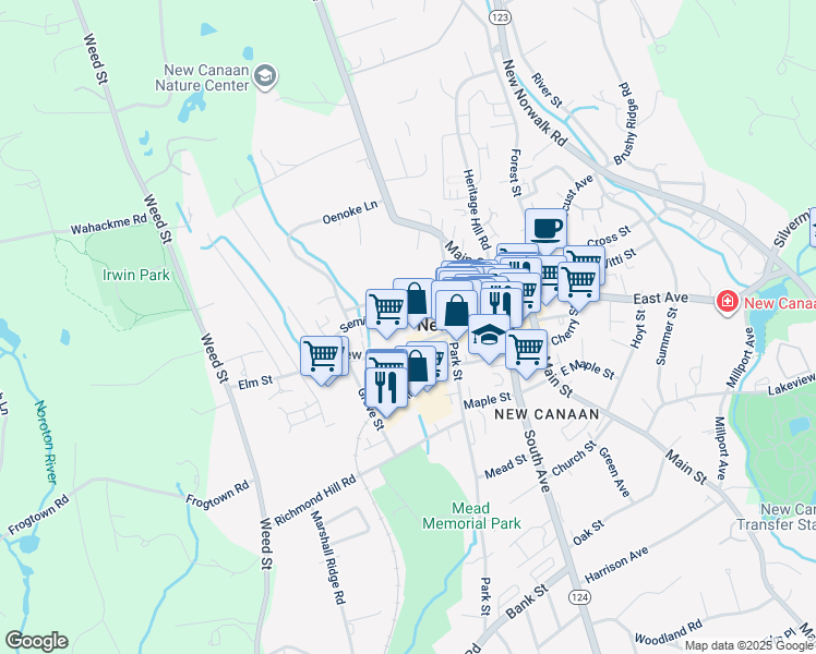 map of restaurants, bars, coffee shops, grocery stores, and more near 199 Elm Street in New Canaan