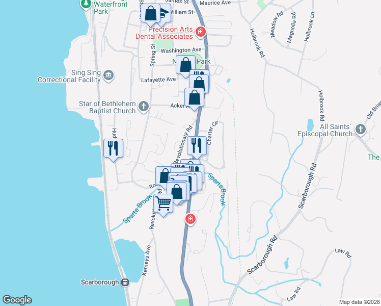 map of restaurants, bars, coffee shops, grocery stores, and more near 41 Revolutionary Road in Ossining