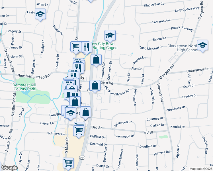 map of restaurants, bars, coffee shops, grocery stores, and more near 701 Old Schoolhouse Road in New City