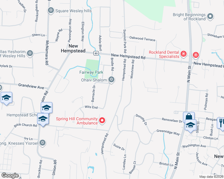map of restaurants, bars, coffee shops, grocery stores, and more near 51 Brick Church Road in Spring Valley
