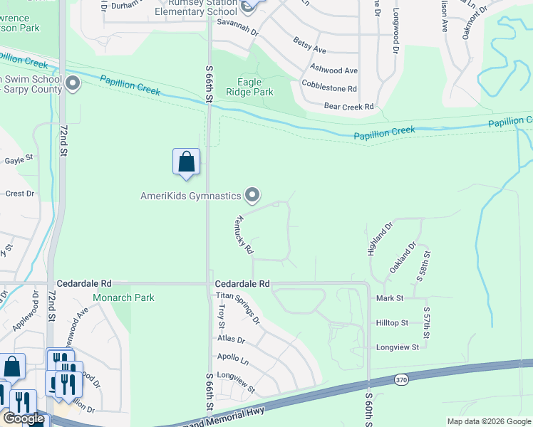 map of restaurants, bars, coffee shops, grocery stores, and more near 11219 Kentucky Road in Papillion