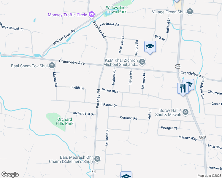 map of restaurants, bars, coffee shops, grocery stores, and more near 102 Norben Road in Monsey