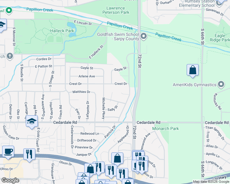 map of restaurants, bars, coffee shops, grocery stores, and more near 1110 Jacqueline Circle in Papillion
