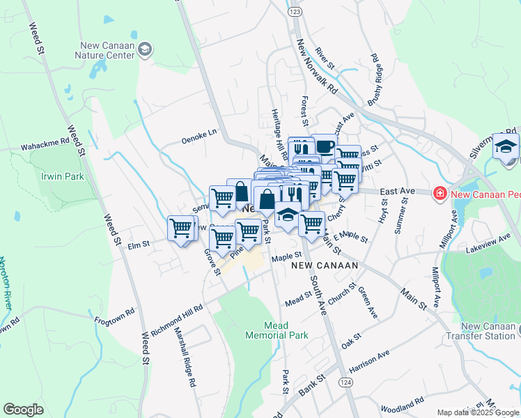 map of restaurants, bars, coffee shops, grocery stores, and more near in New Canaan