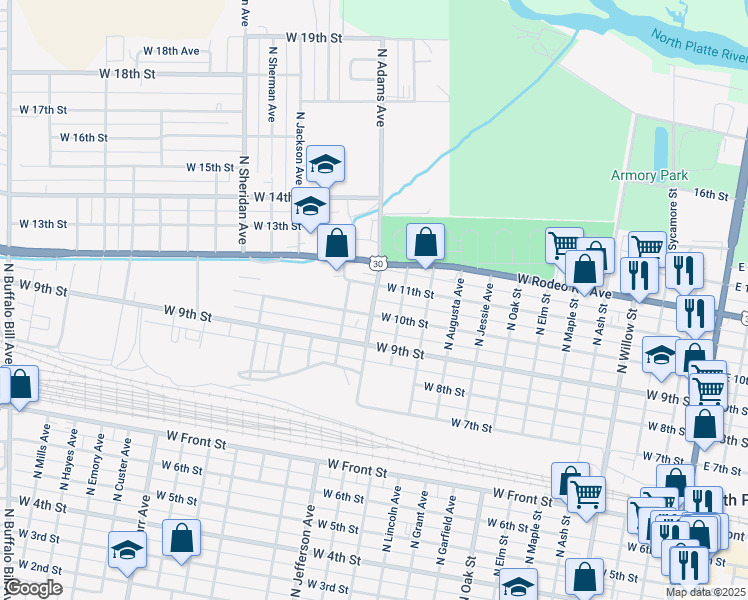 map of restaurants, bars, coffee shops, grocery stores, and more near 1048 North Adams Avenue in North Platte